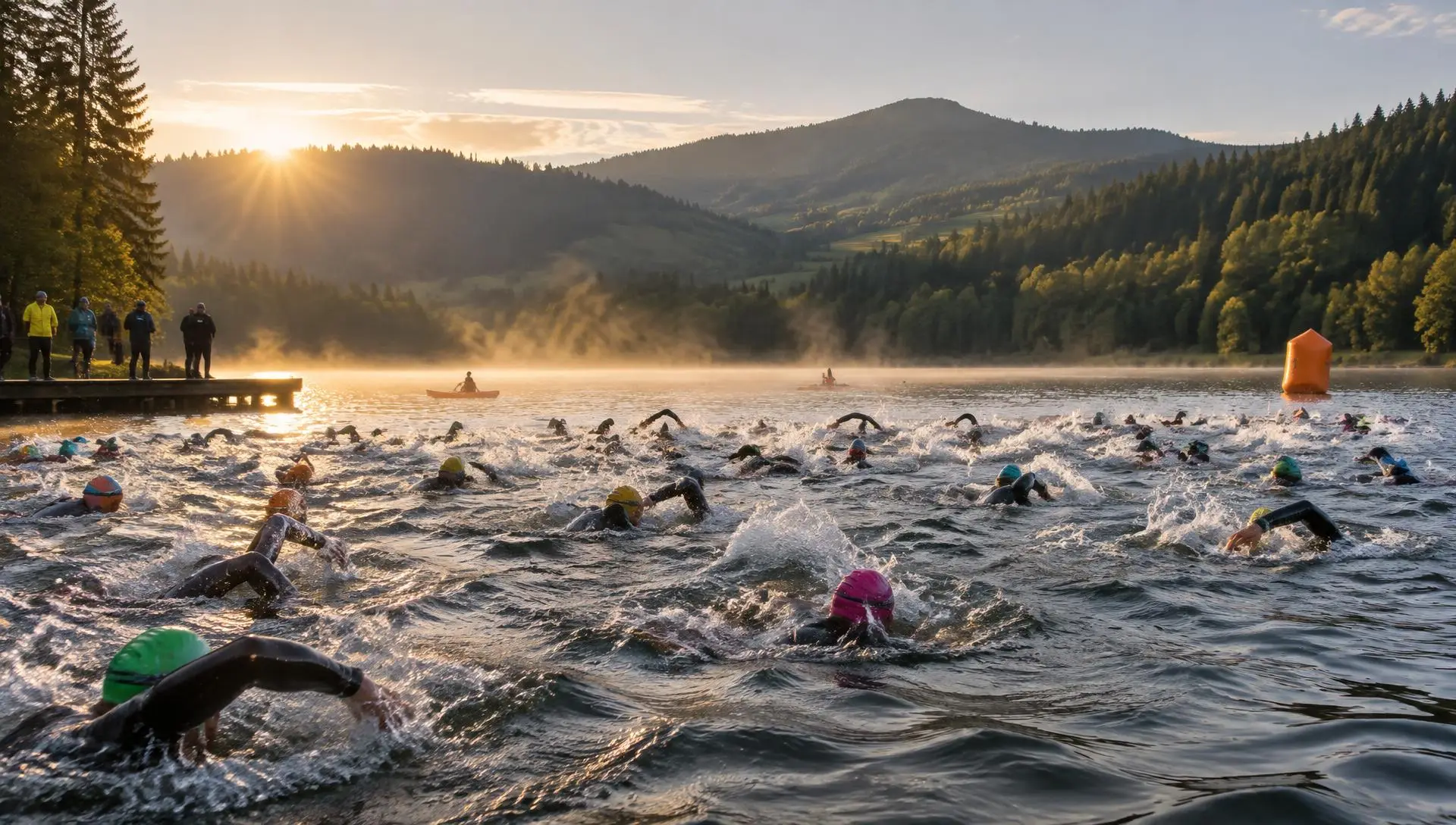 Départ de la natation : des dizaines de triathlètes en combinaison s'élancent dans le lac au lever du soleil, entre collines boisées et brume sur l'eau